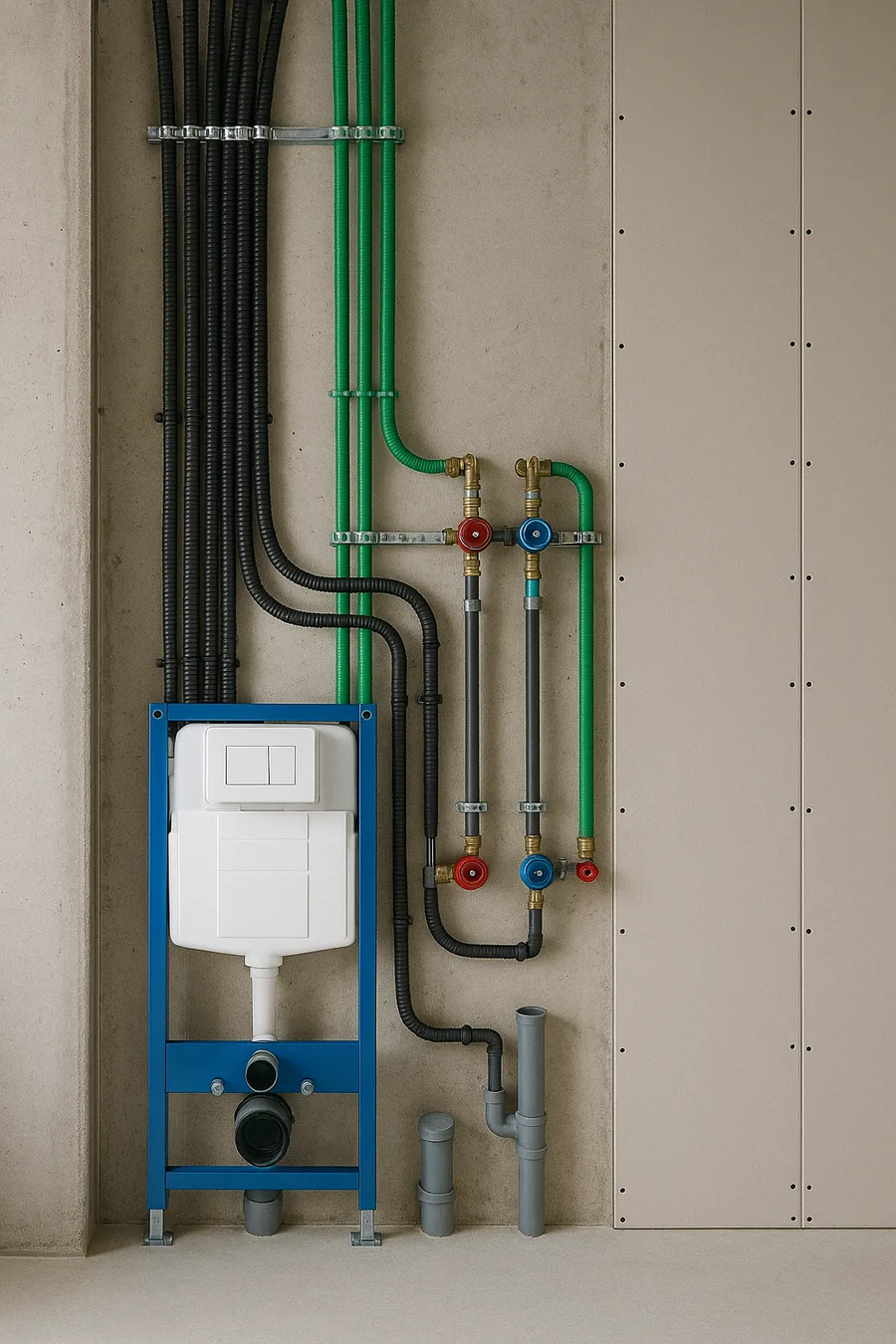 Installationswand mit Ständerwerk und Leitungen